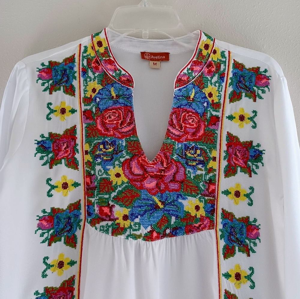 Bohemian Floral Embroidered White Blouse From Avelina, Size S - Picture 7 of 16